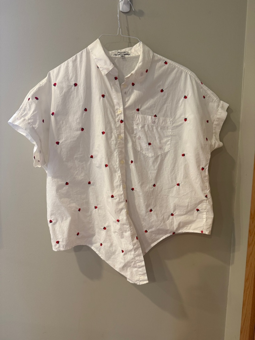 Madewell Medium White Button-Down Shirt with Red Strawberry Embroidery
